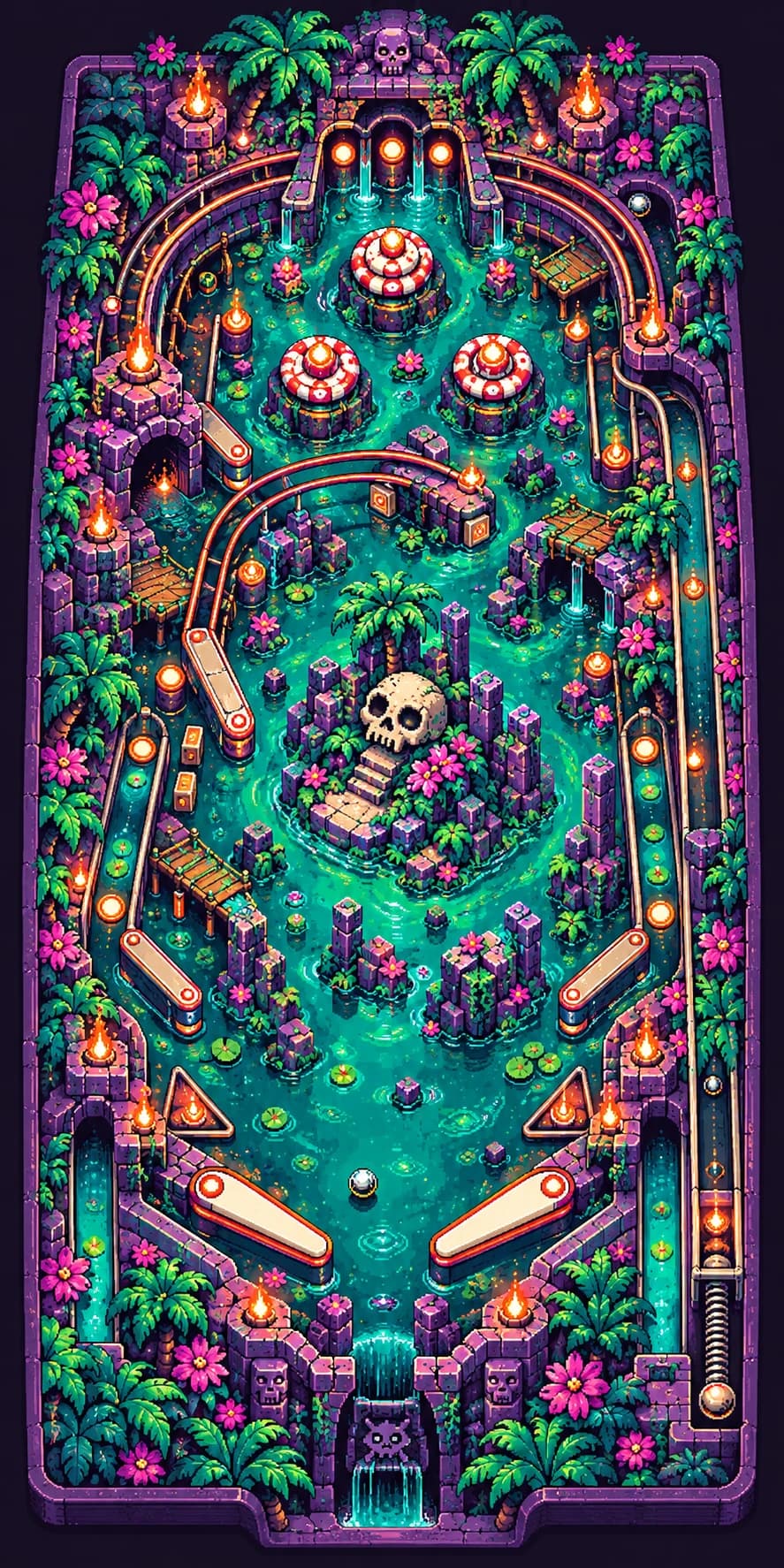 Concept art for a jungle lagoon pinball table: torch-lit stone ruins around a skull island in green water, with palm trees and pink flowers by the flippers
