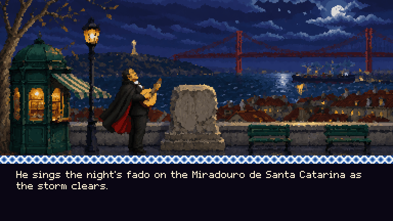 Ending: O Fadista sings the night's fado on the Miradouro de Santa Catarina as the storm clears