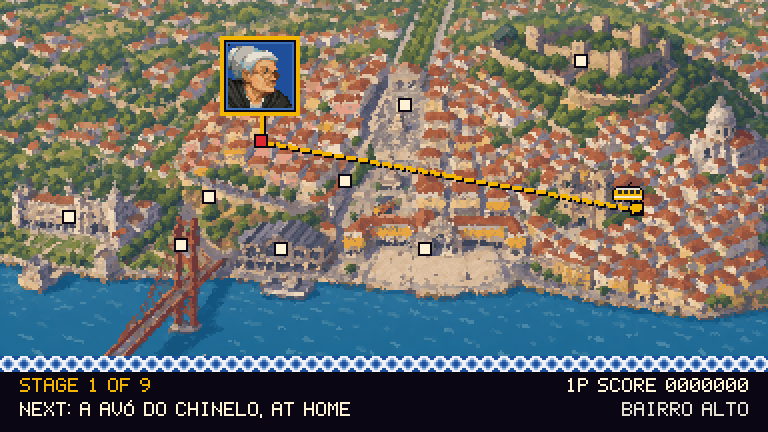 The road across Lisbon drawn as a pixel-art map of the city, with the next opponent's portrait over Bairro Alto
